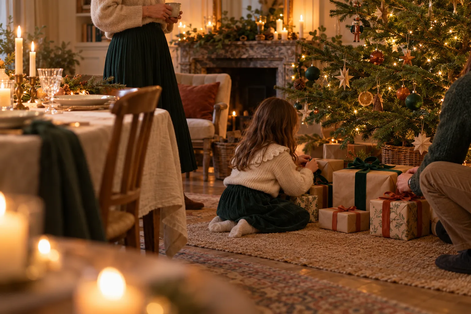Une famille au pied du sapin, une enfant ouvre ses cadeaux